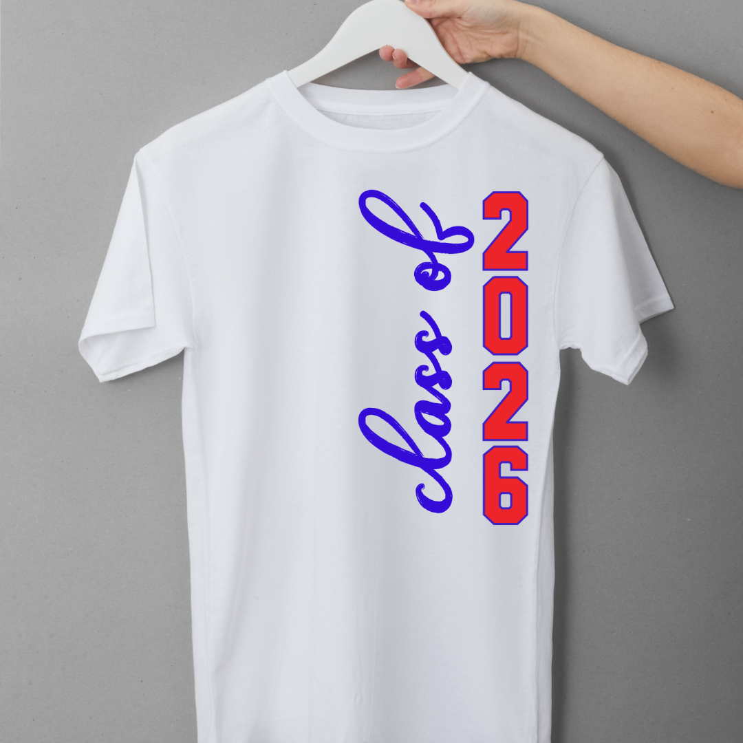 White t-shirt with 'class of 2026' text on a hanger against a gray background