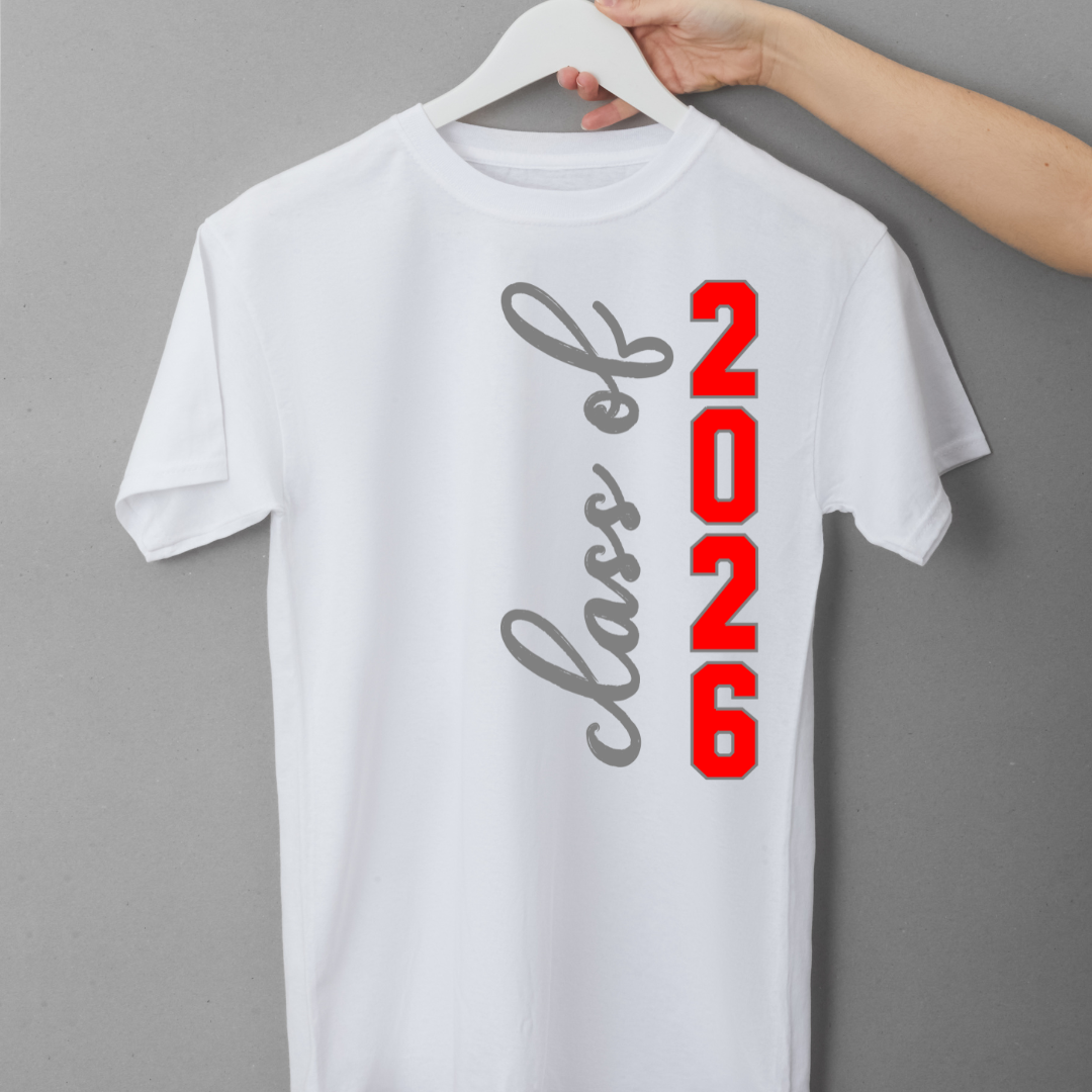 White t-shirt with 'class of 2026' text on a hanger against a gray background